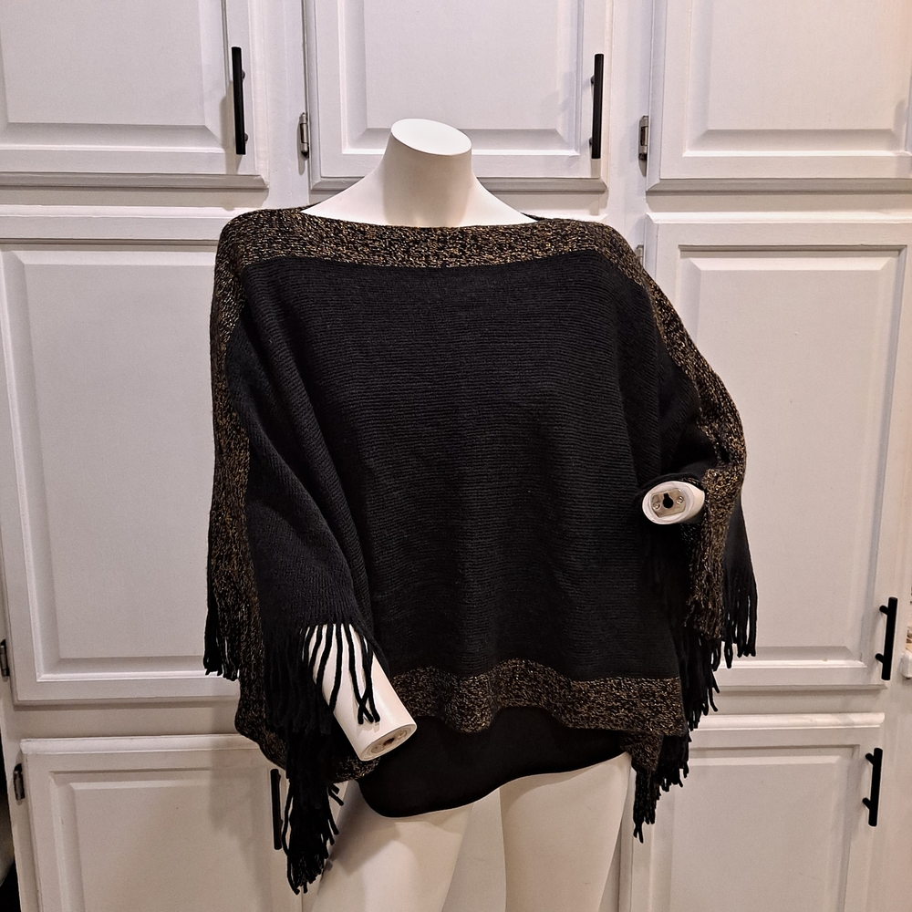Step In Style Chic Black With Gold Trim Fringed Poncho Cape Shrug